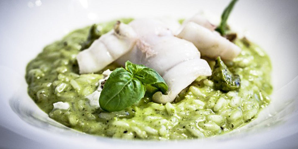 Ricetta del risotto con crema di pistacchi, calamaretti e provola