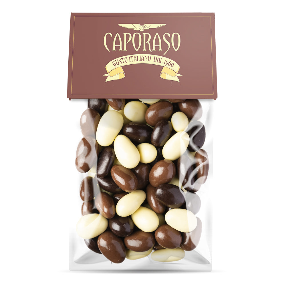 Mandorle ricoperte al cioccolato fondente, al latte e bianco