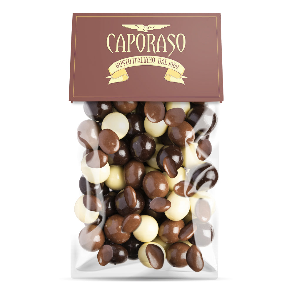 Misto frutta secca ricoperta al cioccolato fondente, al latte e bianco
